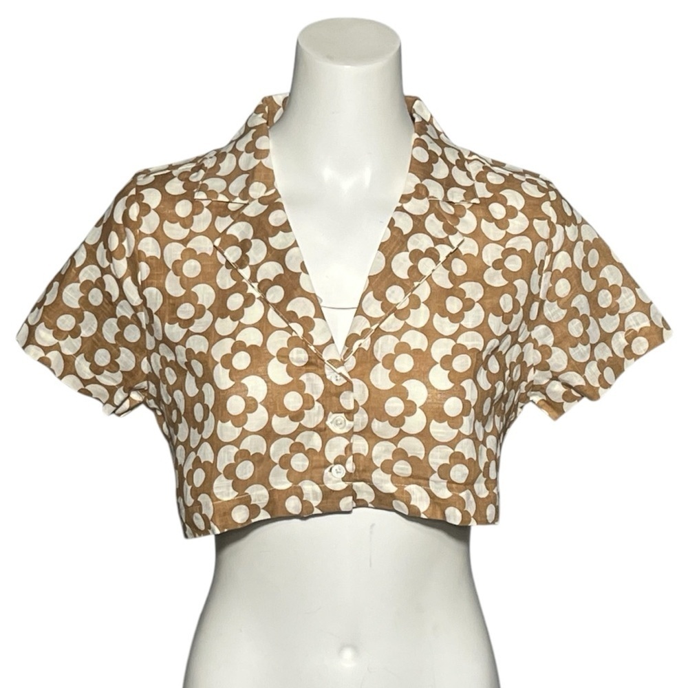 Tularosa Top Women's Small Tan Mocha Geo Floral Print Karuna Crop Button Up